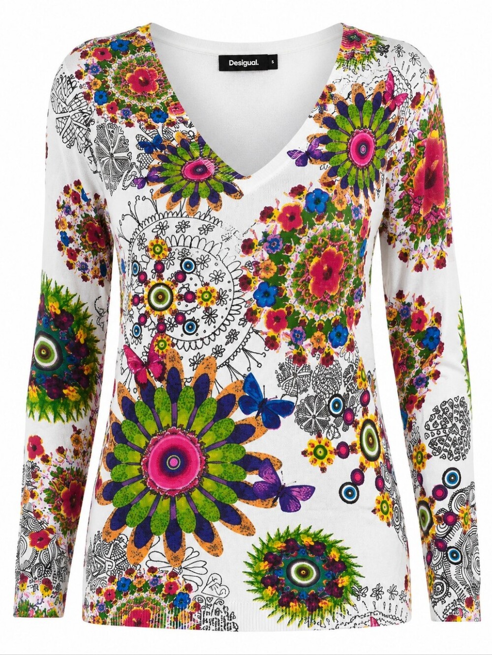 DESIGUAL | Boho Floral Mandala Knit V-Neck Sweater Tunic Colorful Abstract | S